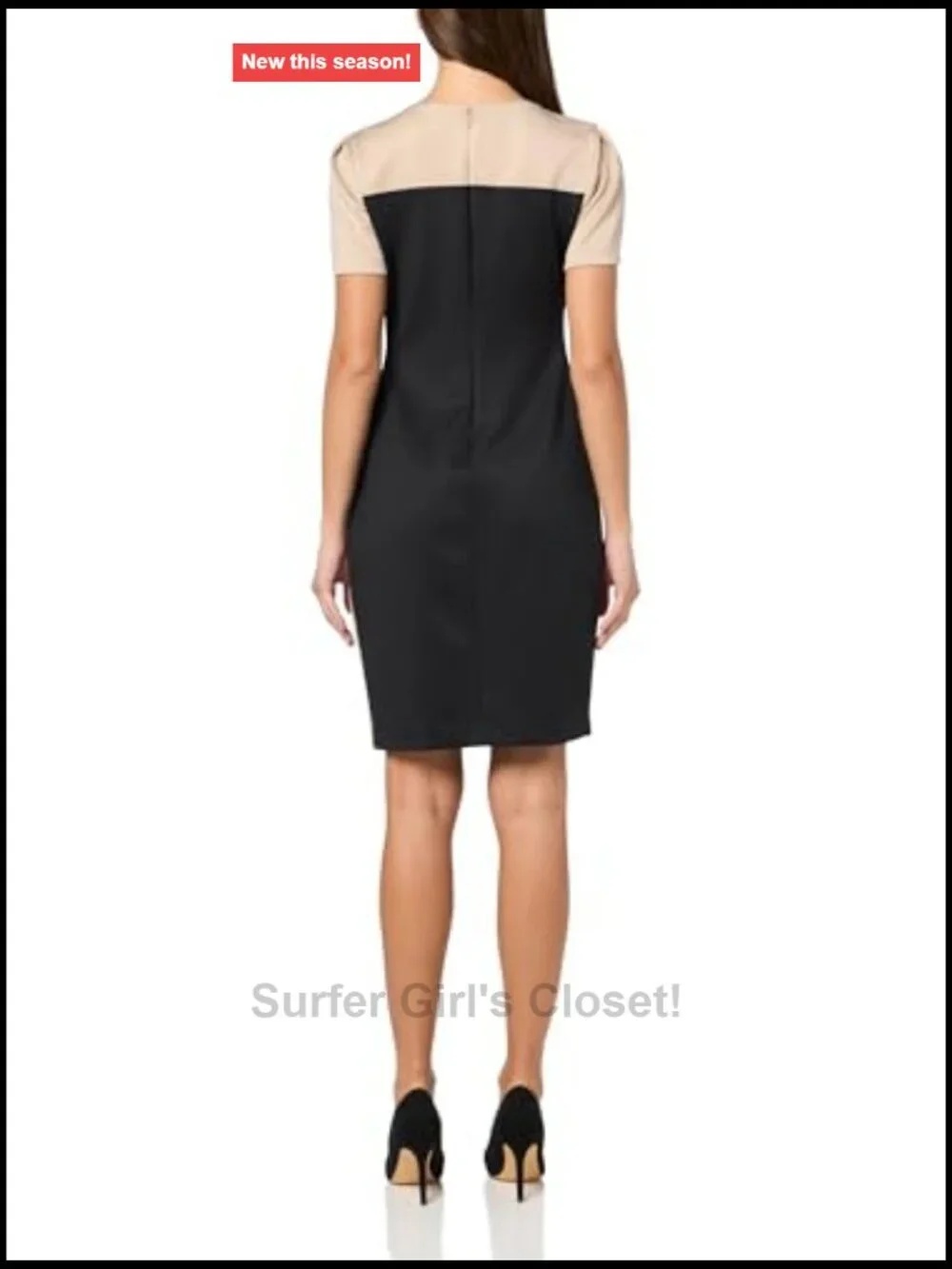 Short Sleeve Jewel Neck Colorblock Studded Asymmetrical Hem Crepe Mini Dress